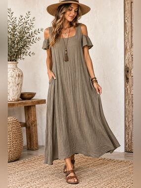 Abaca Brown Cotton Gauze Cold Shoulder Lagenlook Boho Maxi Dress